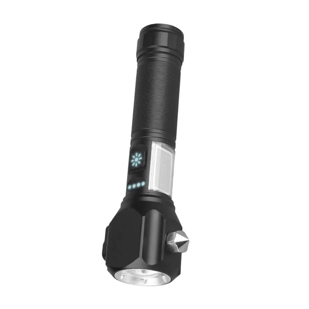 DENX LED Flashlight 1800 Lumens with Window Breaker & 2700mAh Battery, Telescopic Zoom Torch with Battery Indicator, Portable Waterproof Light for Camping, Emergency, Car, Home Use, DX2335