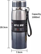 DENX 1000ml Stainless Steel Vacuum Insulated Water Bottle, Double Wall Thermos Flask with Tea Infuser, Hot Cold Travel Mug, Leakproof BPA-Free Sports Bottle for Office Gym Outdoor Use, DX2056