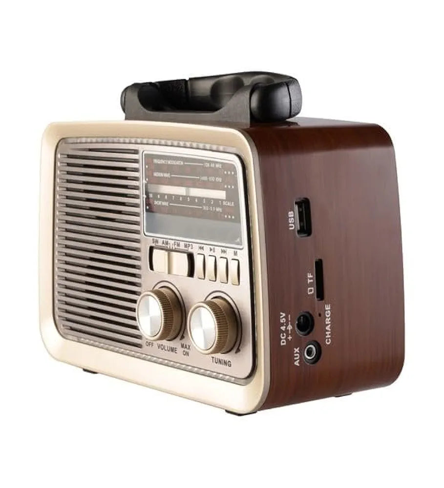 Gold Crest Old Radio Speaker Bluetooth & HIFI-Speaker with Solar Panels, Sd Card, Usb And Aux Port, Radio FM/AM/SW Brown wood Portable Audio TF Card USB Flash disk Aux playback, GO-1182US-BT