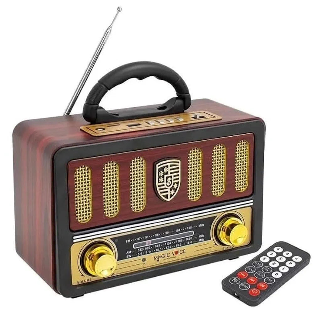 DENX Old Radio Speaker Bluetooth & HIFI-Speaker with Remote control, Sd Card, Usb And Aux Port, Radio FM/AM/SW Brown wood Portable Audio TF Card USB Flash disk Aux playback