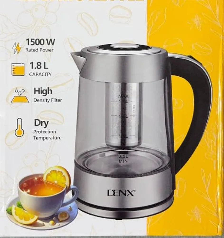 DENX Electric Glass Kettle 1.8L, 1500W Fast Boil Water Heater, Temperature Control, Auto Shut-Off, LED Light, Stainless Steel Filter, Tea Kettle, Coffee Maker, Baby Bottle Warmer, DX3408