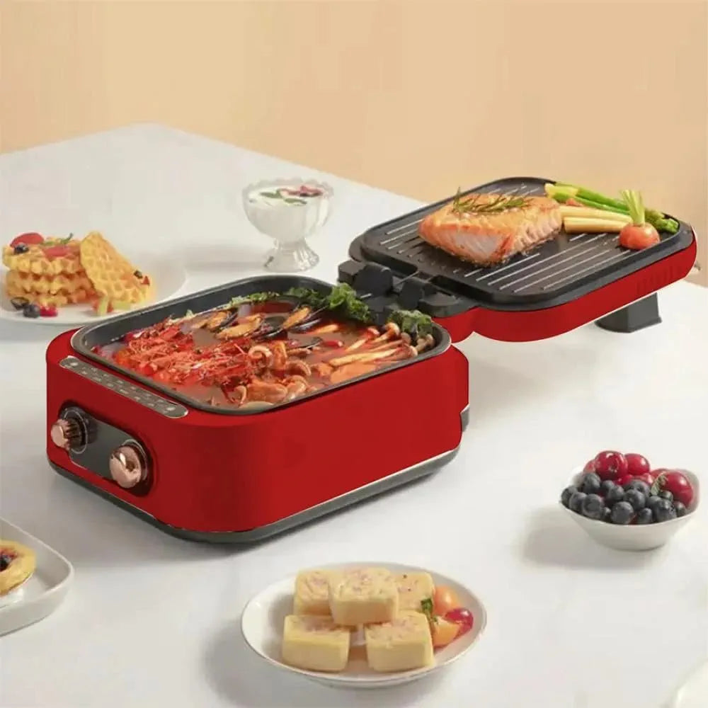 DENX 1800W Multi Function Electric Hot Pot Grill 2.5L, Non Stick Aluminum, Tabletop Bbq Grill, With Adjustable Thermostat, Sauce Tray, And Cool Touch Handles, For Indoor Cooking, DX3421