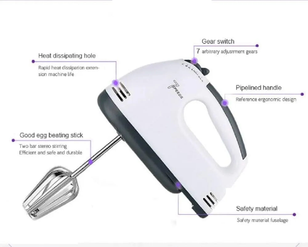 260W Hand Mixer Electric Lightweight Egg Beater, Handheld Food and Cake Mixer with Extra Long Beaters Dough Hooks Balloon Whisk with 7 Speed Settings