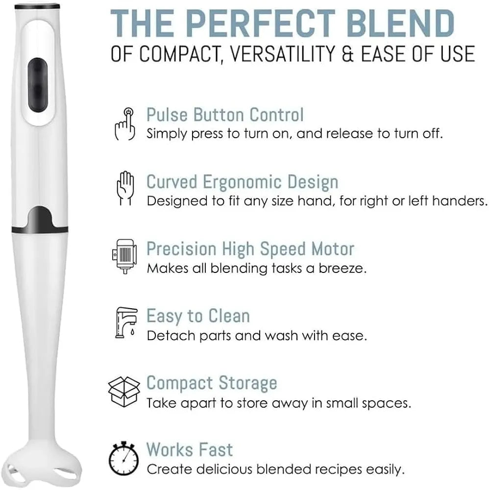 DENX Stick Blender 400W Handheld Electric Blender with Stainless Steel Blades, Portable Grip Stick Mixer Use for Blending, Pureeing, Whipping, and Mixing Soups, Smoothies, Sauces, and More, DX2012