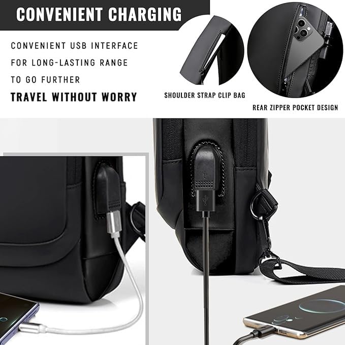 Anti thief Crossbody Sling bag, Waterproof Shoulder Casual Backpack, Chest Bag Daypack with USB Charger,Fit for 9.7'' ipad 