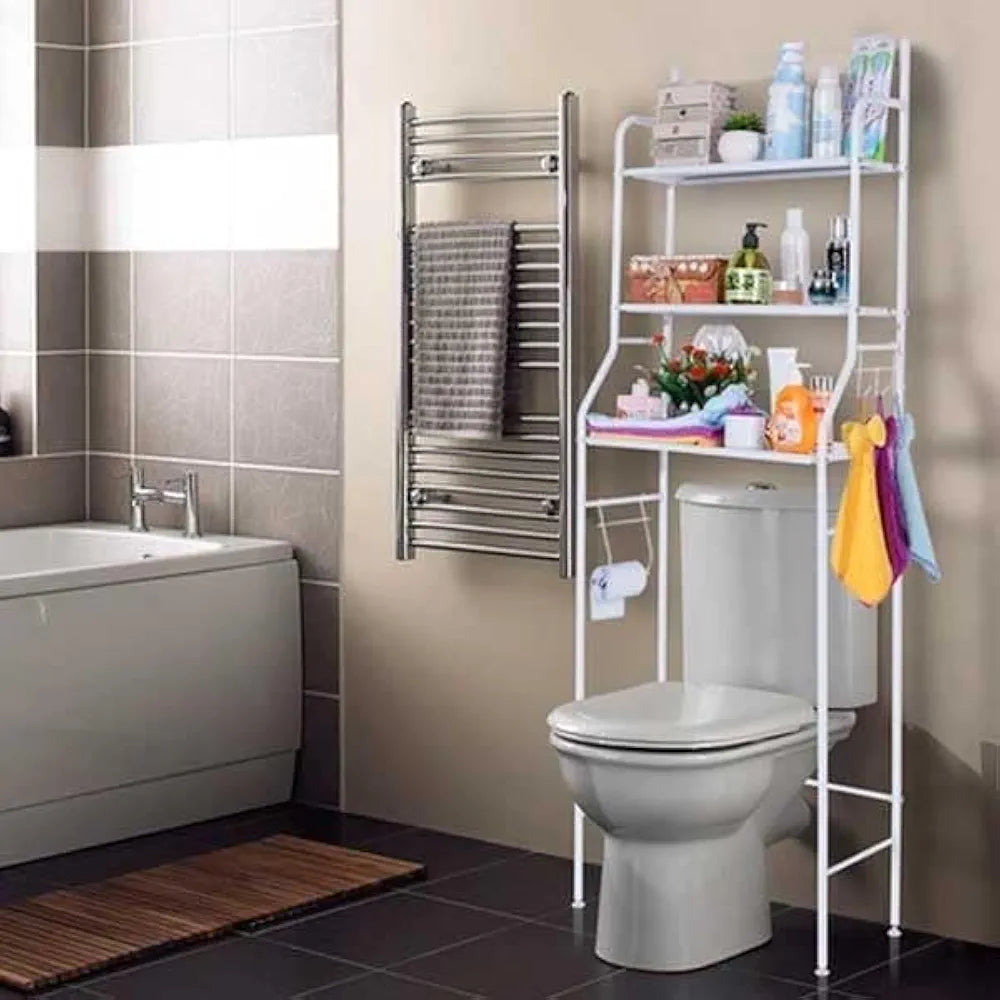 3-Shelf Bathroom Organizer Over The Toilet, Multifunctional Toilet Rack Bathroom Spacesaver,With Towel and Tissue Holder, Bathroom Corner Stand Storage Organizer Accessories, Adjustable Foot Pads