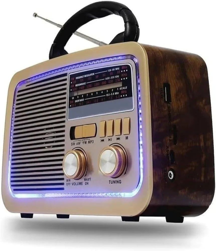 Gold Crest Old Radio Speaker Bluetooth & HIFI-Speaker with Solar Panels, Sd Card, Usb And Aux Port, Radio FM/AM/SW Brown wood Portable Audio TF Card USB Flash disk Aux playback, GO-1182US-BT