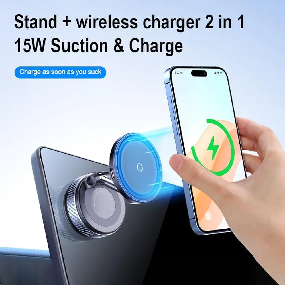 Magnetic Car Phone Holder with 15W Wireless Charging, Vacuum Suction Mount, Dashboard Phone Holder, Windshield Mount, 360° Rotation, Universal Mobile Stand for iPhone, Samsung, Huawei, Xiaomi, K007S
