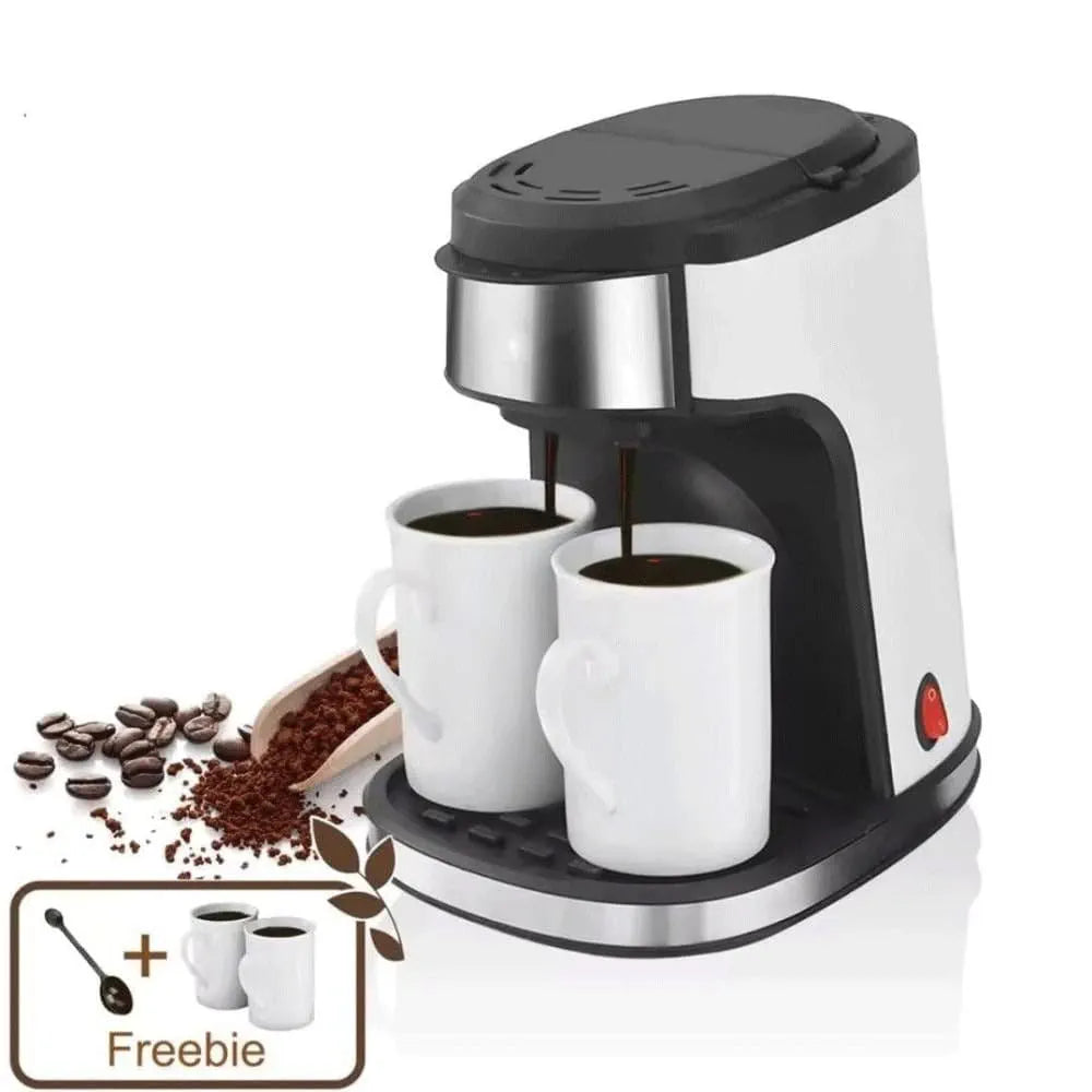 DENX Drip Coffee Maker 240ml, 450W Electric Filter Coffee Machine with Permanent Washable Filter, Double Cup Brewing, Stainless Steel, Portable Espresso Maker for Home Office Travel Tea Milk, DX3413