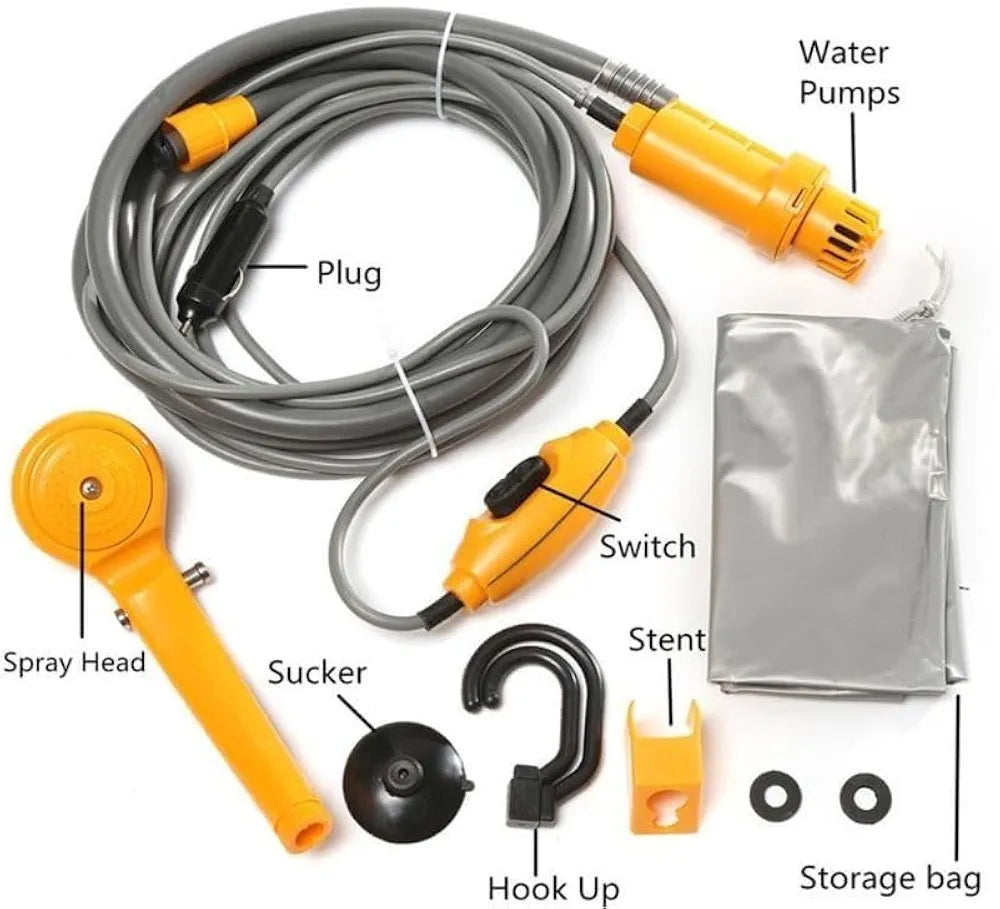 DENX Portable 12V Electric Shower Kit Outdoor for Car, Pet, Dog, Camping & Travel, Car Washing, Hiking Shower Pump, 60W High Pressure, DX3612