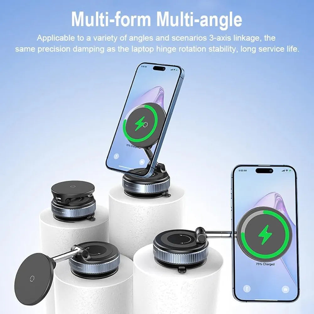 Magnetic Car Phone Holder with 15W Wireless Charging, Vacuum Suction Mount, Dashboard Phone Holder, Windshield Mount, 360° Rotation, Universal Mobile Stand for iPhone, Samsung, Huawei, Xiaomi, K007S