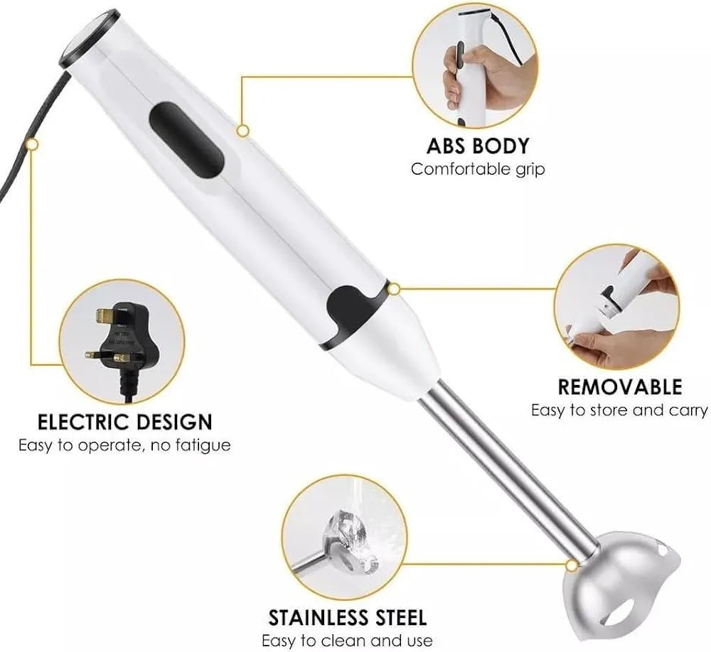 DENX Stick Blender 400W Handheld Electric Blender with Stainless Steel Blades, Portable Grip Stick Mixer Use for Blending, Pureeing, Whipping, and Mixing Soups, Smoothies, Sauces, and More, DX2023