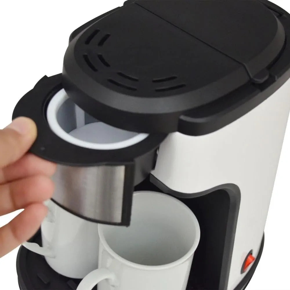 DENX Drip Coffee Maker 240ml, 450W Electric Filter Coffee Machine with Permanent Washable Filter, Double Cup Brewing, Stainless Steel, Portable Espresso Maker for Home Office Travel Tea Milk, DX3413