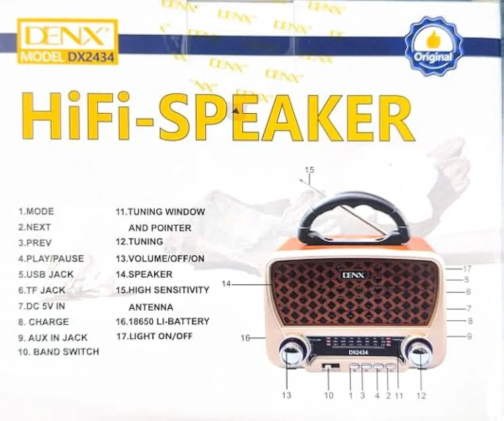 DENX Old Radio Speaker Bluetooth & HIFI-Speaker with Flashlight, Sd Card, Usb And Aux Port, Radio FM/AM/SW Brown wood Portable Audio TF Card USB Flash disk Aux playback, 