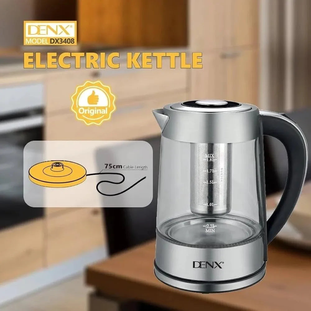 DENX Electric Glass Kettle 1.8L, 1500W Fast Boil Water Heater, Temperature Control, Auto Shut-Off, LED Light, Stainless Steel Filter, Tea Kettle, Coffee Maker, Baby Bottle Warmer, DX3408