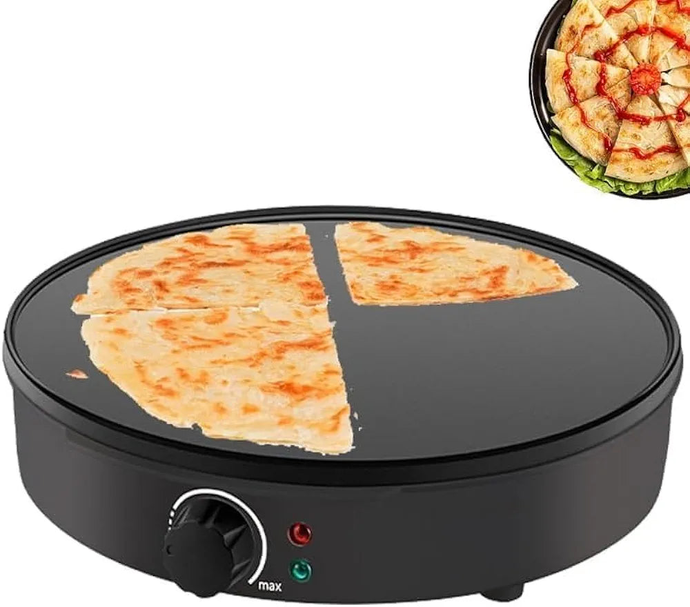 DENX Pizza Maker, Fiesta Crepe and Pancake Maker, Adjustable Temperature Control with Variable Temperatures and Utensils Included, 1000W Electric Non-Stick Griddle Baking Pan, Black DX2032