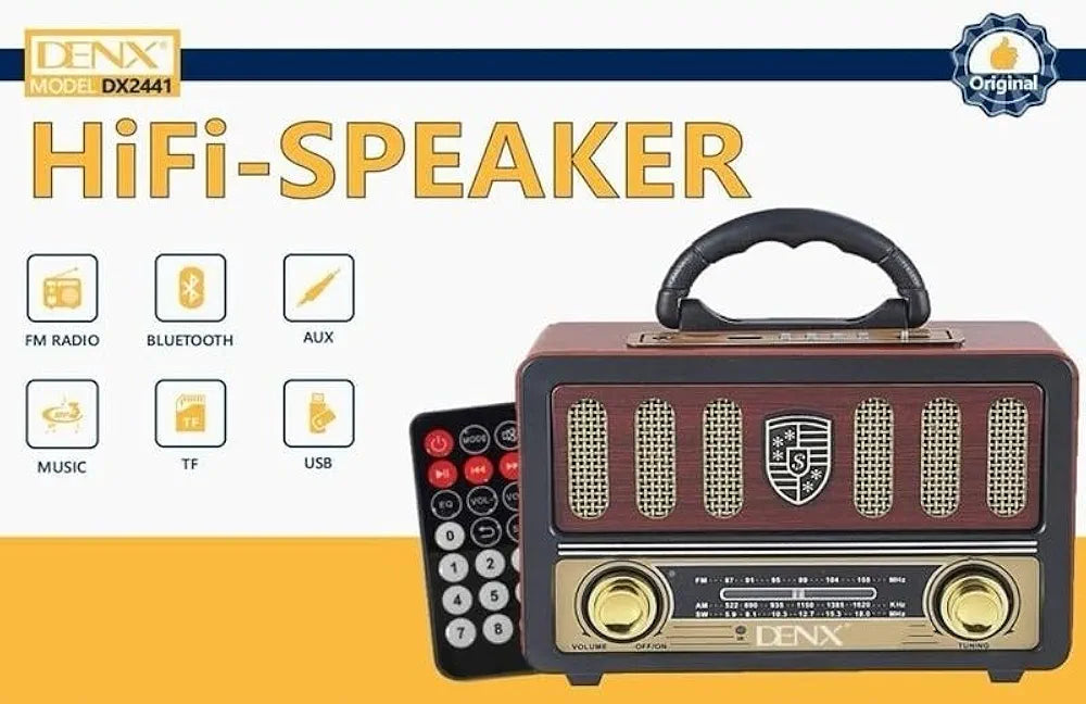 DENX Old Radio Speaker Bluetooth & HIFI-Speaker with Remote control, Sd Card, Usb And Aux Port, Radio FM/AM/SW Brown wood Portable Audio TF Card USB Flash disk Aux playback