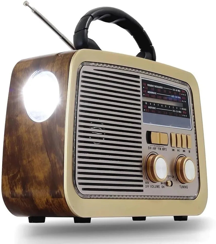 Gold Crest Old Radio Speaker Bluetooth & HIFI-Speaker with Solar Panels, Sd Card, Usb And Aux Port, Radio FM/AM/SW Brown wood Portable Audio TF Card USB Flash disk Aux playback, GO-1182US-BT