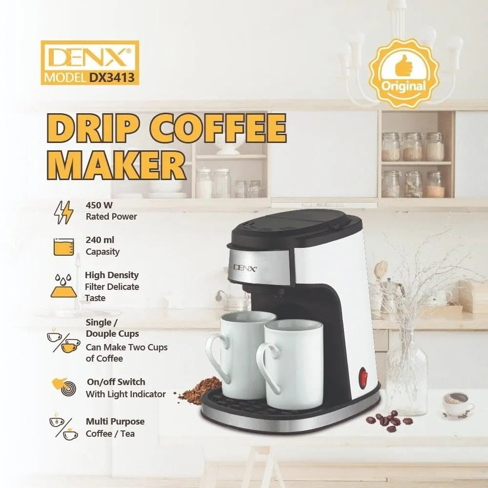 DENX Drip Coffee Maker 240ml, 450W Electric Filter Coffee Machine with Permanent Washable Filter, Double Cup Brewing, Stainless Steel, Portable Espresso Maker for Home Office Travel Tea Milk, DX3413