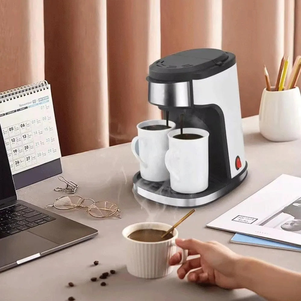 DENX Drip Coffee Maker 240ml, 450W Electric Filter Coffee Machine with Permanent Washable Filter, Double Cup Brewing, Stainless Steel, Portable Espresso Maker for Home Office Travel Tea Milk, DX3413