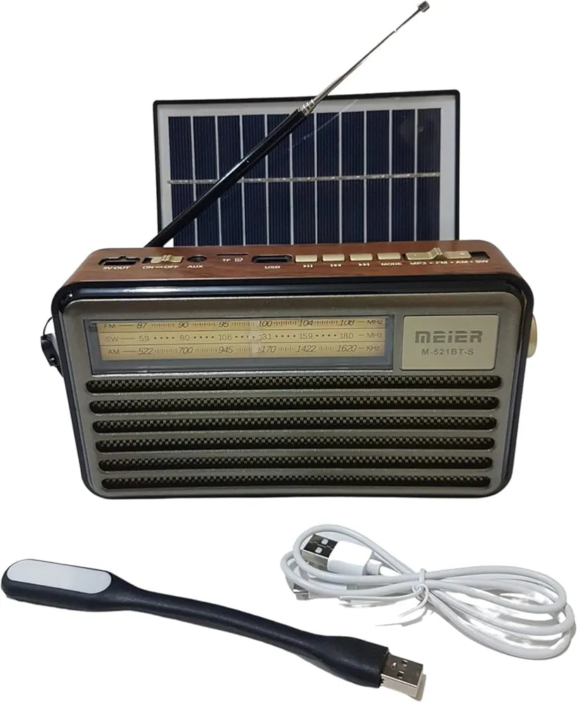 DENX Old Radio Speaker Bluetooth & HIFI-Speaker with Solar Panels, Sd Card, Usb And Aux Port, Radio FM/AM/SW Brown wood Portable Audio TF Card USB Flash disk Aux playback,