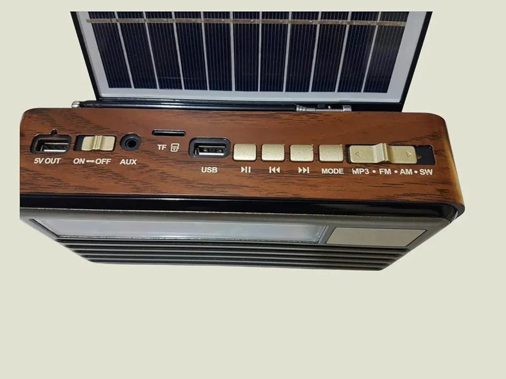 DENX Old Radio Speaker Bluetooth & HIFI-Speaker with Solar Panels, Sd Card, Usb And Aux Port, Radio FM/AM/SW Brown wood Portable Audio TF Card USB Flash disk Aux playback,