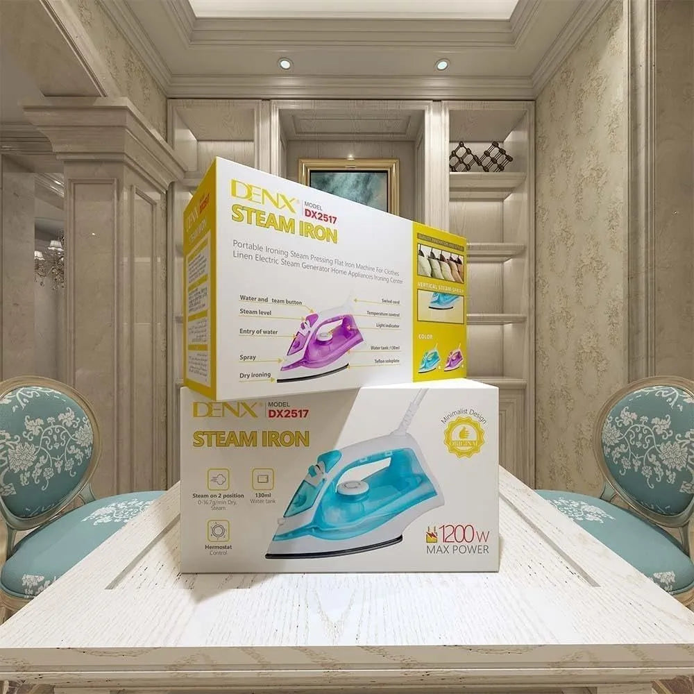 DENX Steam Iron, 1200W Portable Electric Clothes Iron, Temperature Control, Continuous Steam Technology, Spray And Steam Burst Function For Shirts, Trousers, Dresses, Curtains Use, DX2517
