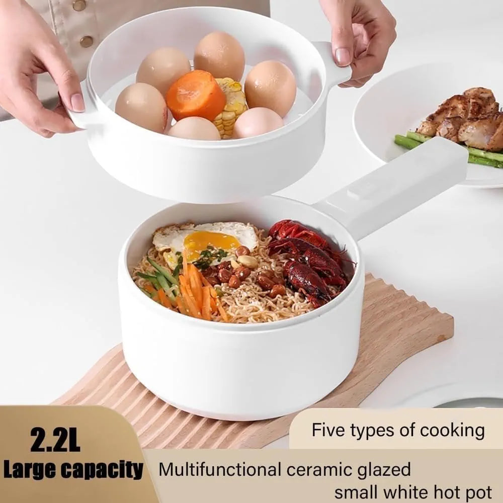 DENX 2L Electric Mini Cooker Hot Pot with Steamer & Temperature Control, Non-Stick Electric Cooker Shabu, Frying Pan, Electric Saucepan, for Noodles, Egg, Steak, Oatmeal & Soup, DX1769