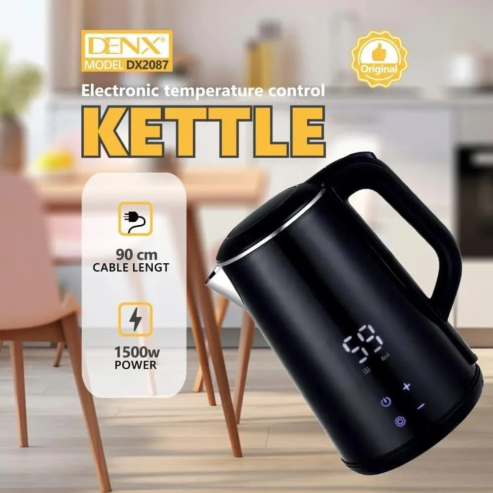 DENX Smart Electric Kettle 1.6L Stainless Steel, 1500W Fast Boil, LED Digital Touch Display, Adjustable Temperature Control, Keep Warm Function, Auto Shut-Off, For Tea, Coffee, Baby Formula, DX2087