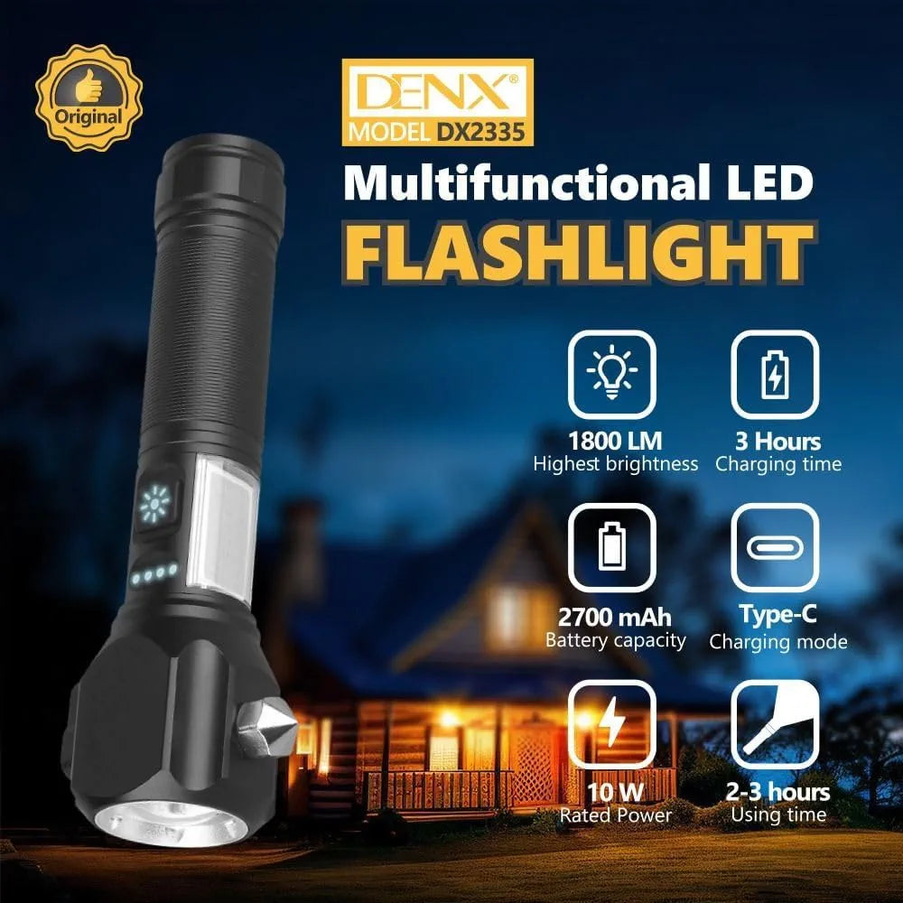 DENX LED Flashlight 1800 Lumens with Window Breaker & 2700mAh Battery, Telescopic Zoom Torch with Battery Indicator, Portable Waterproof Light for Camping, Emergency, Car, Home Use, DX2335