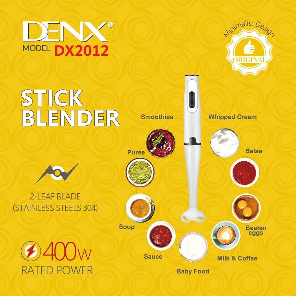 DENX Stick Blender 400W Handheld Electric Blender with Stainless Steel Blades, Portable Grip Stick Mixer Use for Blending, Pureeing, Whipping, and Mixing Soups, Smoothies, Sauces, and More, DX2012