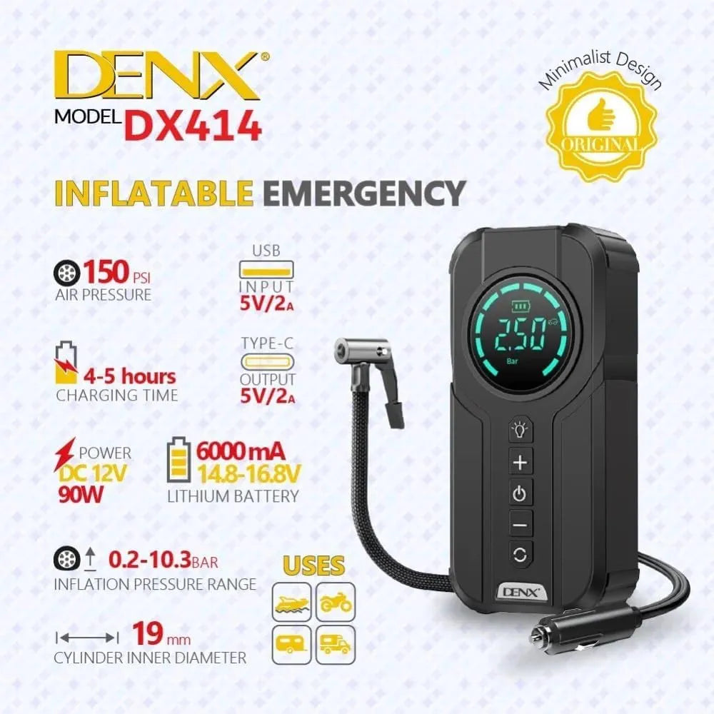 DENX 3-in-1 Car Jump Starter with Digital Tire Air Pump 150PSI, 6000mAh USB Power Bank, LED Light, Type-C Charging Port, Compact Air Compressor for Car, Bike, Motorcycle, SUV, DX414