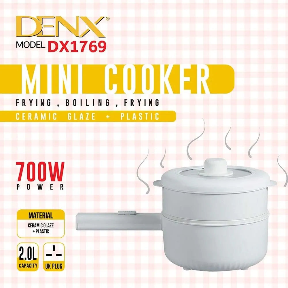 DENX 2L Electric Mini Cooker Hot Pot with Steamer & Temperature Control, Non-Stick Electric Cooker Shabu, Frying Pan, Electric Saucepan, for Noodles, Egg, Steak, Oatmeal & Soup, DX1769