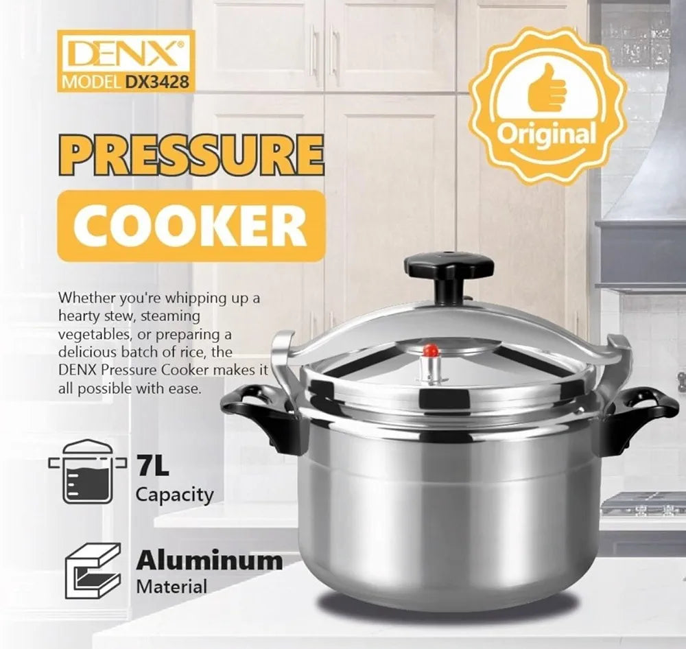 DENX 7L Aluminium Pressure Cooker, Rice Cooking Pot with Safety Lock & Valve, Fast Manual Cooker for Stews, Meat, Vegetables, Gas, Electric Stove Compatible, Silver Cookware, DX3425