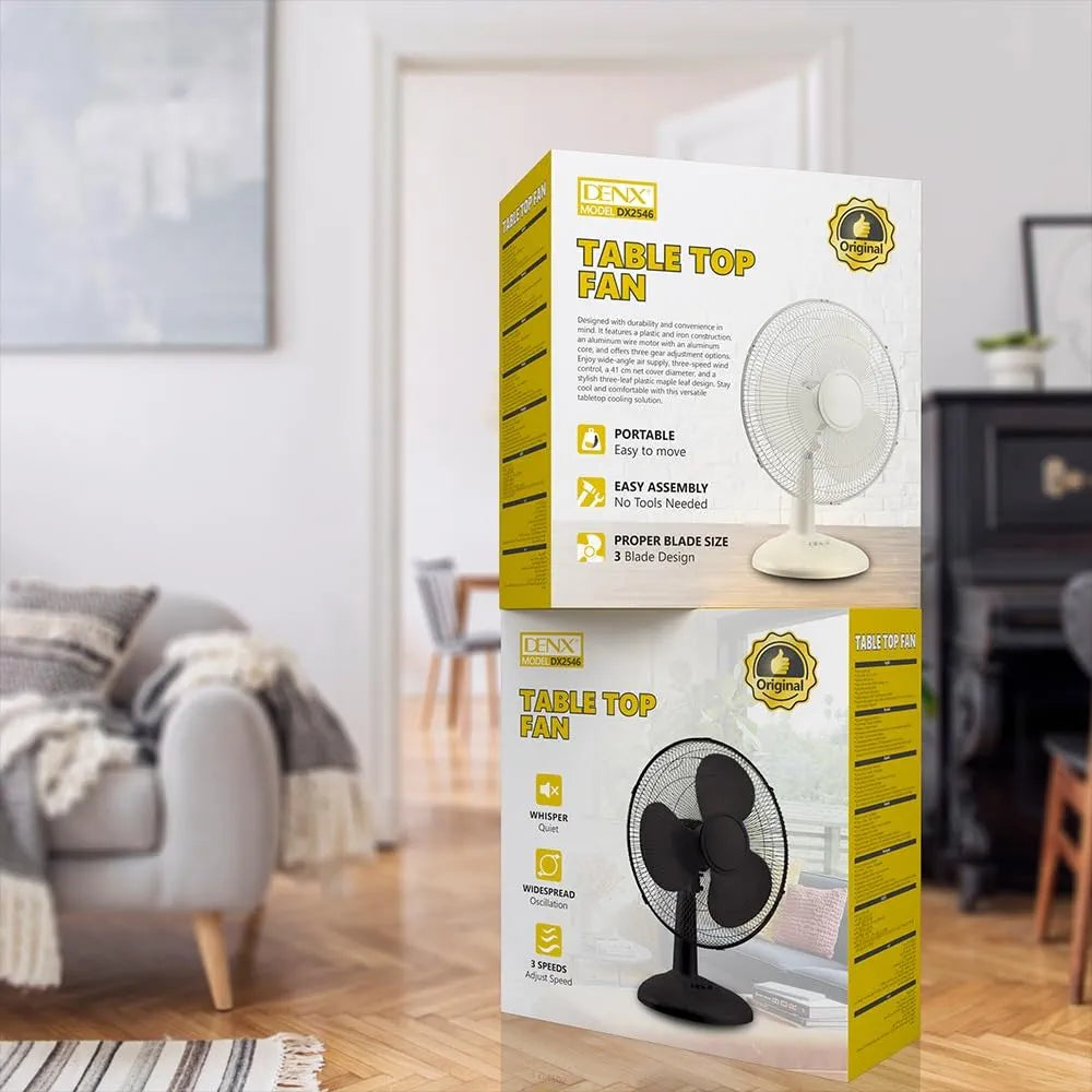 DENX 16 Inch Table Fan with 3 Speeds, Quiet Oscillating Pedestal Stand Fan for Bedroom, Office, Home Use, Portable Floor Fan with Portable Desk & Pedestal Fan, DX2546