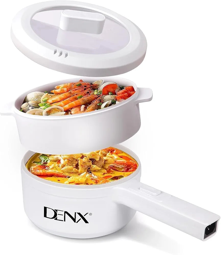 DENX 2L Electric Mini Cooker Hot Pot with Steamer & Temperature Control, Non-Stick Electric Cooker Shabu, Frying Pan, Electric Saucepan, for Noodles, Egg, Steak, Oatmeal & Soup, DX1769