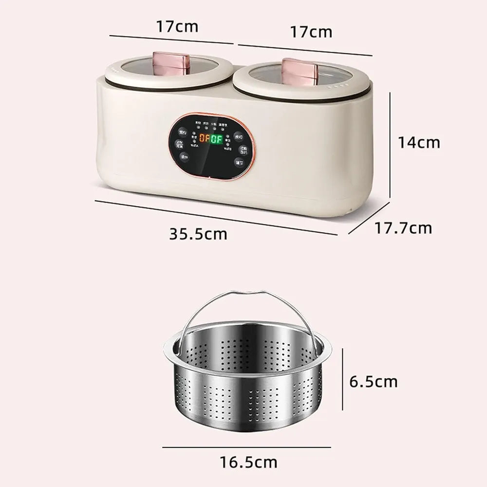 DENX Dual Pot Electric Cooker 1L + 1L, Smart Multi Function Kitchen Appliance with Timer, Non Stick Double Bowl, Fast Heating, Compact Electric Cooker for Soup, Stew, Porridge, DX3901