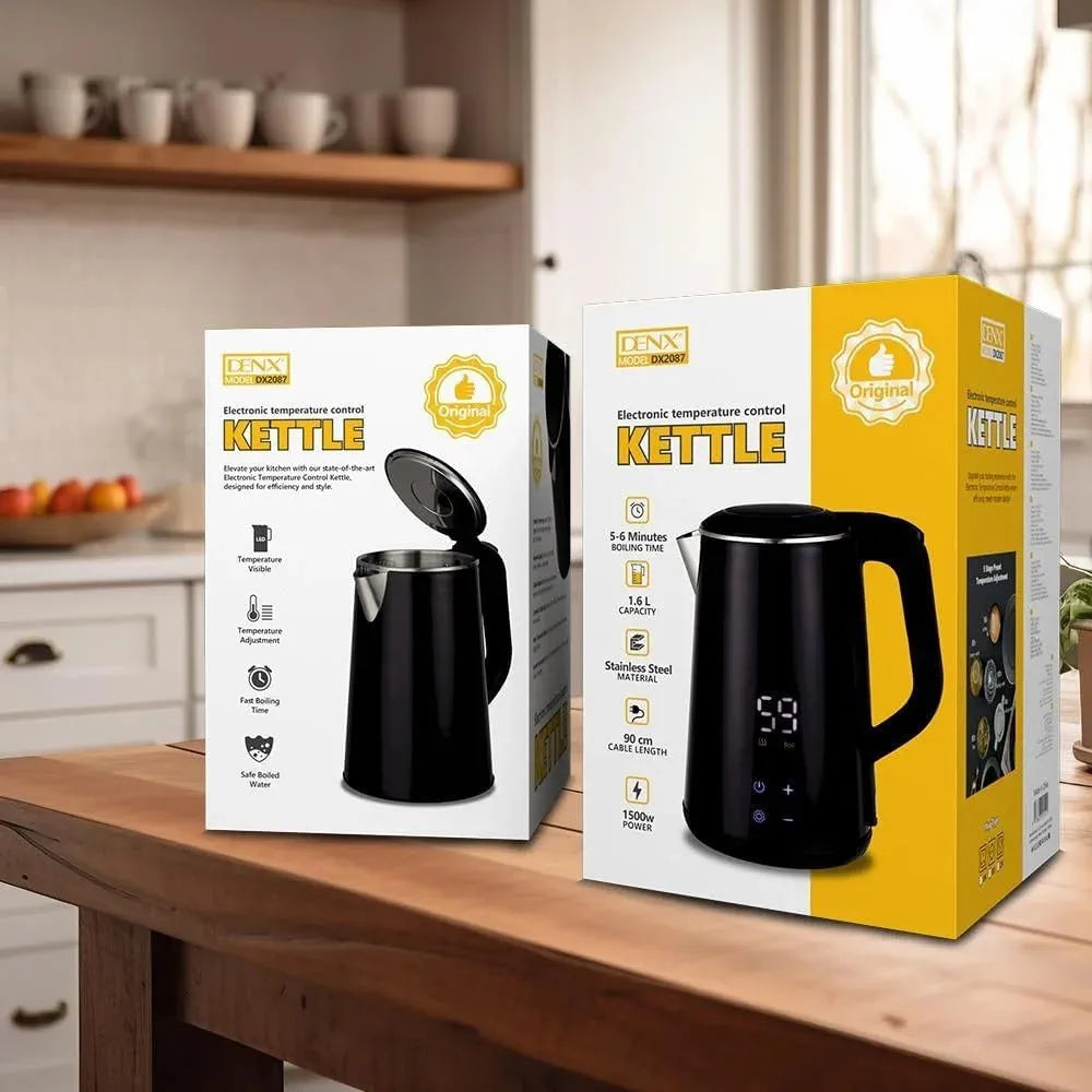 DENX Smart Electric Kettle 1.6L Stainless Steel, 1500W Fast Boil, LED Digital Touch Display, Adjustable Temperature Control, Keep Warm Function, Auto Shut-Off, For Tea, Coffee, Baby Formula, DX2087