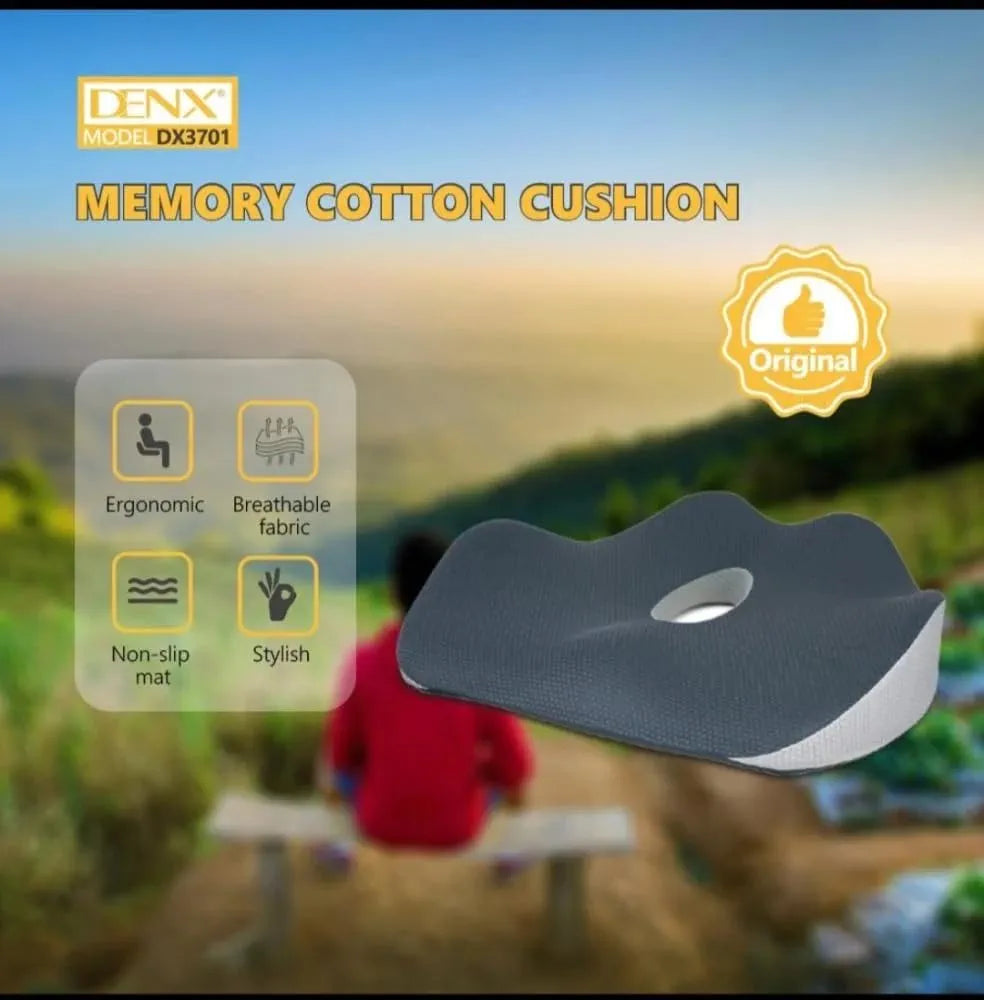 DENX Ergonomic Memory Foam Seat Cushion, Breathable Non-Slip Orthopedic Chair Pillow with Center Pressure Relief Hole, Portable Support Pad for Office, Car, Wheelchair, Travel & Home Comfort, DX3701