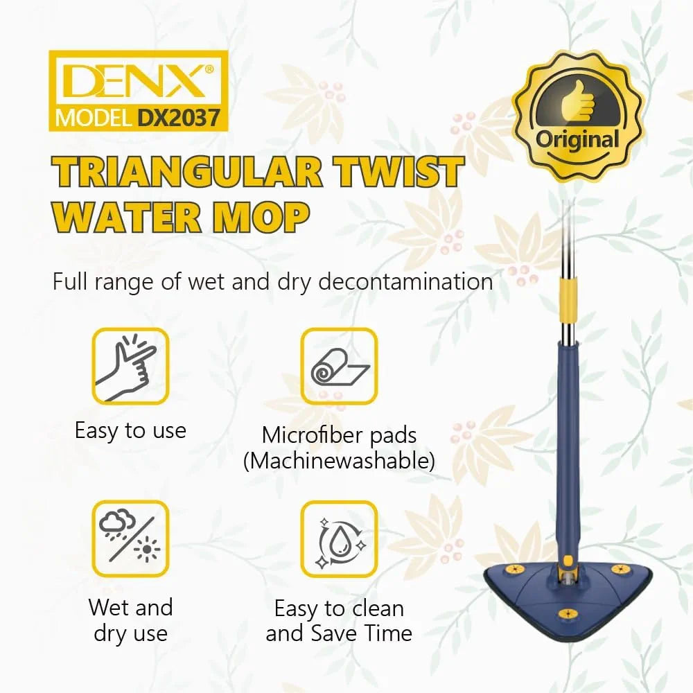 DENX 360° Rotatable Adjustable Cleaning Mop - Extendable Triangle With Long Handle, Hand Twist Quick Dry, Multifunctional Microfiber Wet and Dry for Floor Wall, 3 Replacement Pads, DX2037