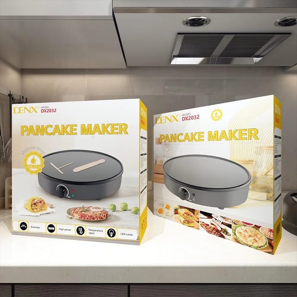 DENX Pizza Maker, Fiesta Crepe and Pancake Maker, Adjustable Temperature Control with Variable Temperatures and Utensils Included, 1000W Electric Non-Stick Griddle Baking Pan, Black DX2032