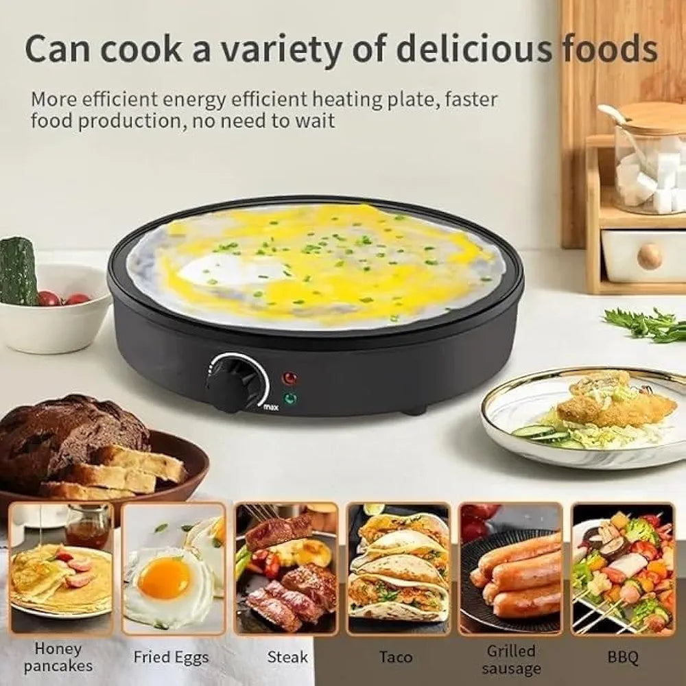 DENX Pizza Maker, Fiesta Crepe and Pancake Maker, Adjustable Temperature Control with Variable Temperatures and Utensils Included, 1000W Electric Non-Stick Griddle Baking Pan, Black DX2032
