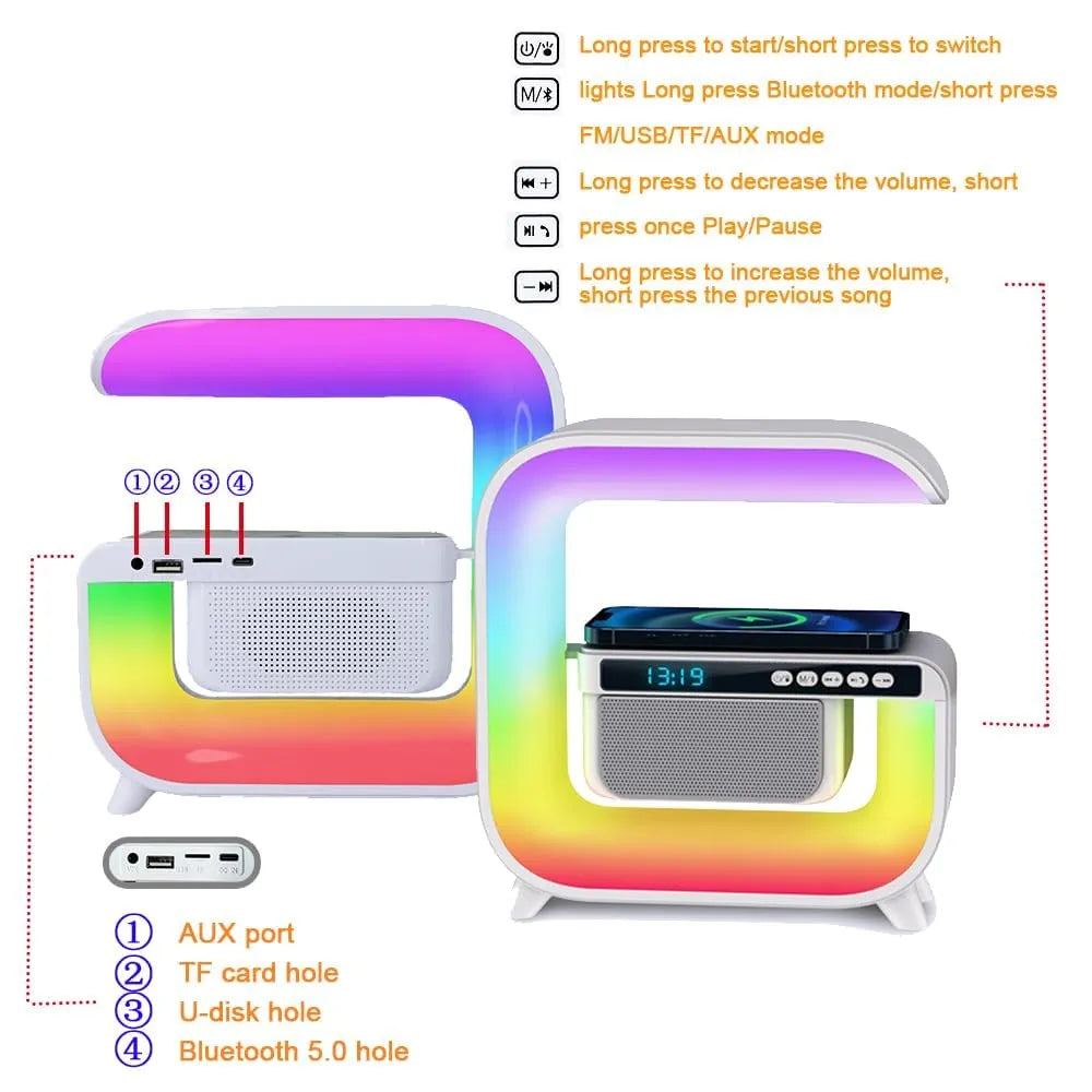 G3 LED Wireless Charging Speaker with Alarm Clock, 16M Colours, 10W Fast Charging, Sound Machine, App Control, Pink/White/Red,