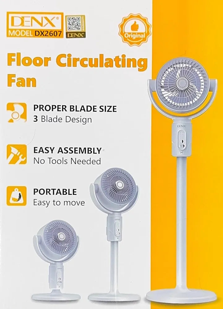 DENX Air Circulation Floor Fan with Remote, Stand Fan 3-in-1 Adjustable Height, 90° Oscillating, 5-Speed Silent Operation, Portable Desk & Pedestal Fan, USB-C Rechargeable for Home, Office, DX2607