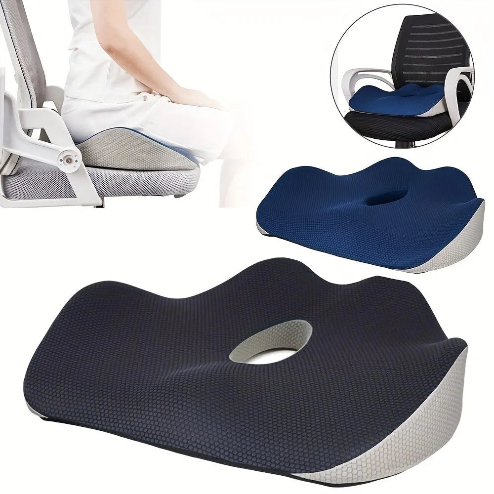DENX Ergonomic Memory Foam Seat Cushion, Breathable Non-Slip Orthopedic Chair Pillow with Center Pressure Relief Hole, Portable Support Pad for Office, Car, Wheelchair, Travel & Home Comfort, DX3701