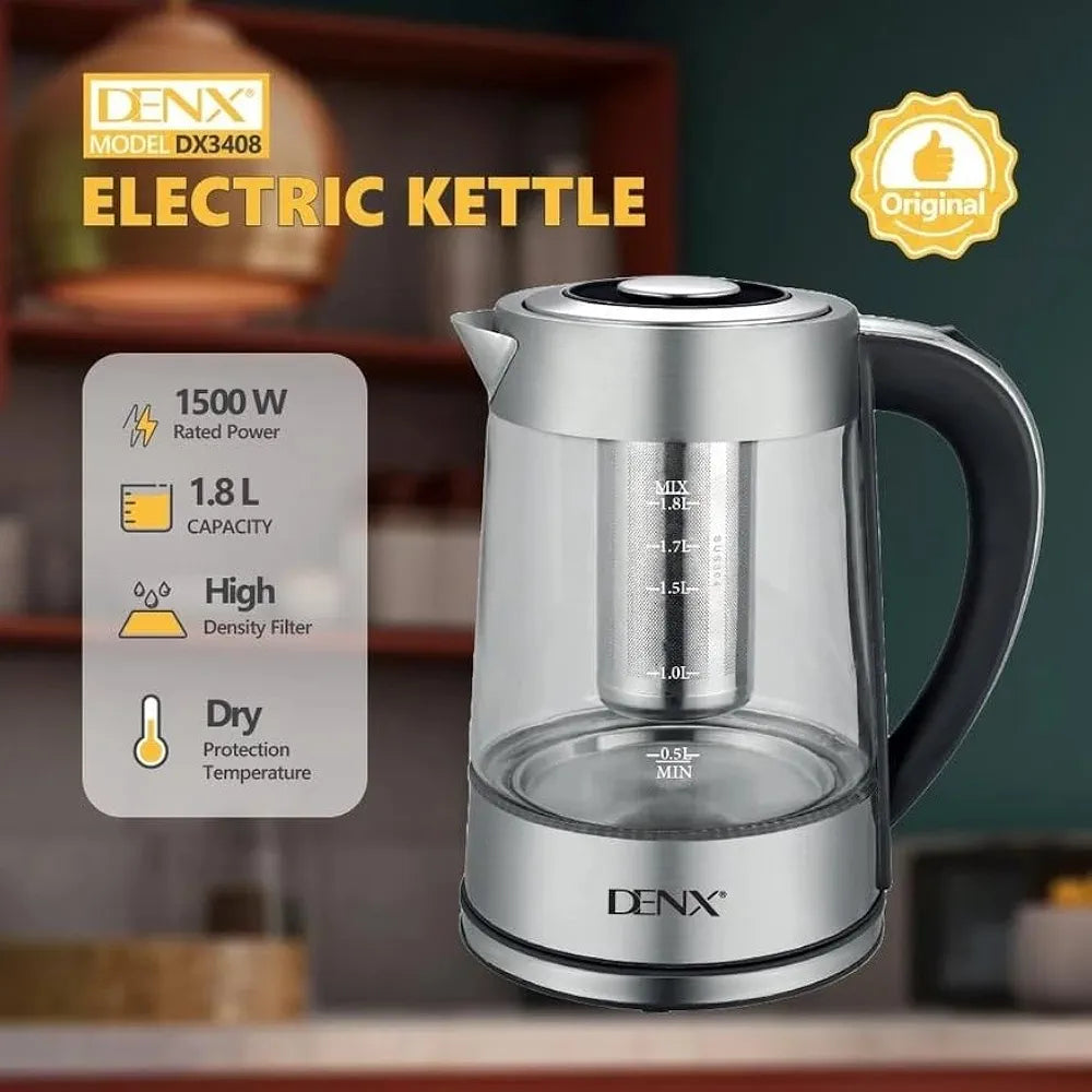 DENX Electric Glass Kettle 1.8L, 1500W Fast Boil Water Heater, Temperature Control, Auto Shut-Off, LED Light, Stainless Steel Filter, Tea Kettle, Coffee Maker, Baby Bottle Warmer, DX3408