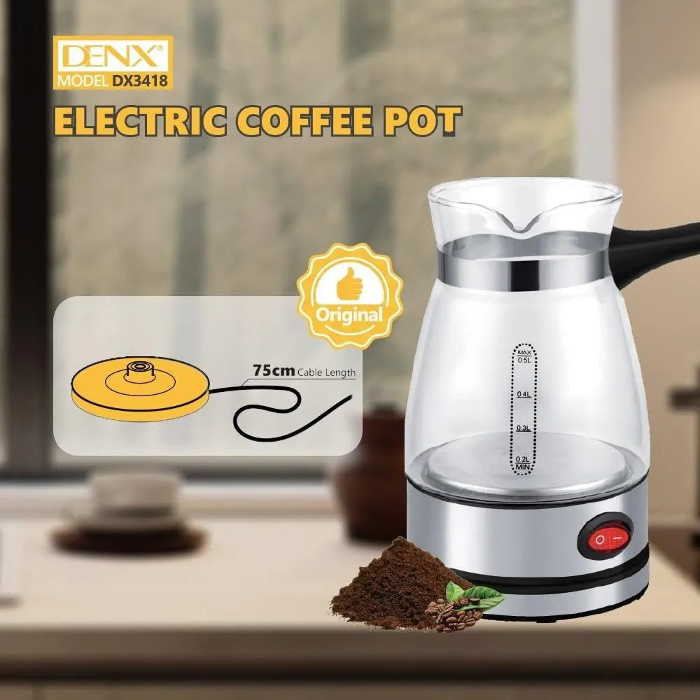 Denx Electric Coffee Pot 500ml, 600W Glass Kettle With Stainless Steel Base, Fast Boiling Electric Kettle For Tea, Instant Coffee, Baby Formula, Use For Home, Office, Camping, Kitchen Use, DX3418