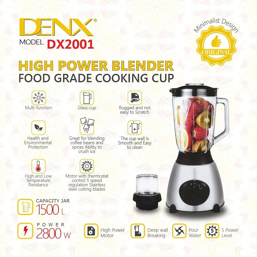 DENX 2800W Electric Blender and Juicer Machine with 1.5L Glass Jar & Grinder, High Power Kitchen Blender for Smoothies Juices Ice Crushing Spices Coffee, Countertop Blender for Home Use, DX2001