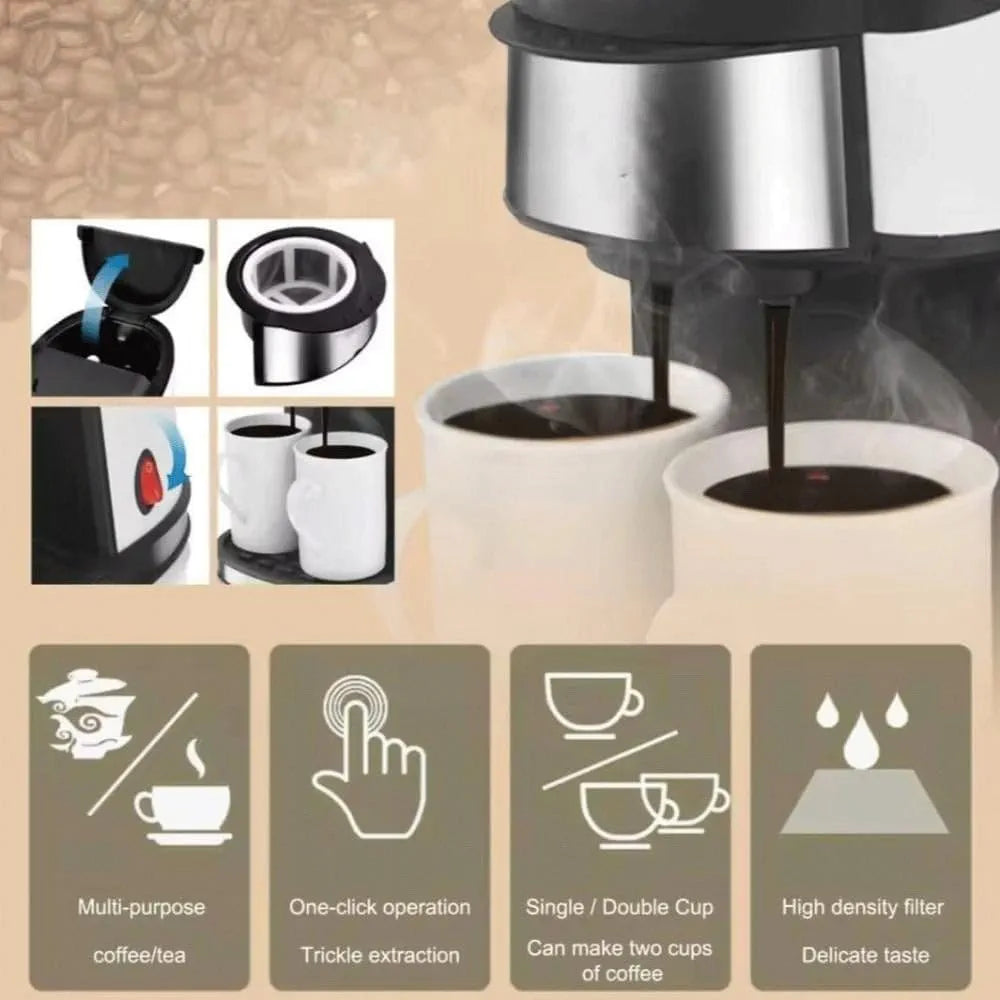 DENX Drip Coffee Maker 240ml, 450W Electric Filter Coffee Machine with Permanent Washable Filter, Double Cup Brewing, Stainless Steel, Portable Espresso Maker for Home Office Travel Tea Milk, DX3413