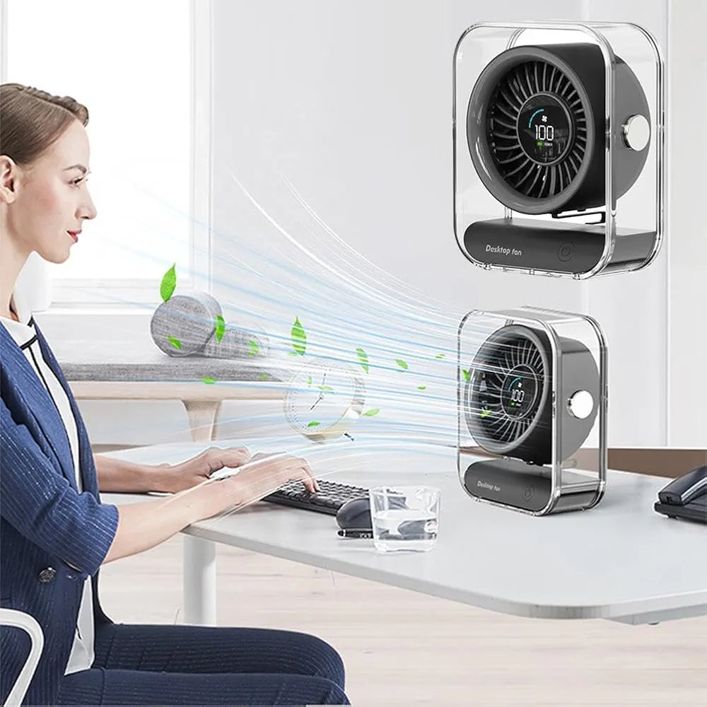 DENX Digital Display Desk Fan, 100-Speed Rechargeable Table Fan with USB-C Fast Charging, 3000mAh Battery Operated Silent Air Circulator, Portable Mini Fan for Bedroom, Office, Travel Use, DX2626